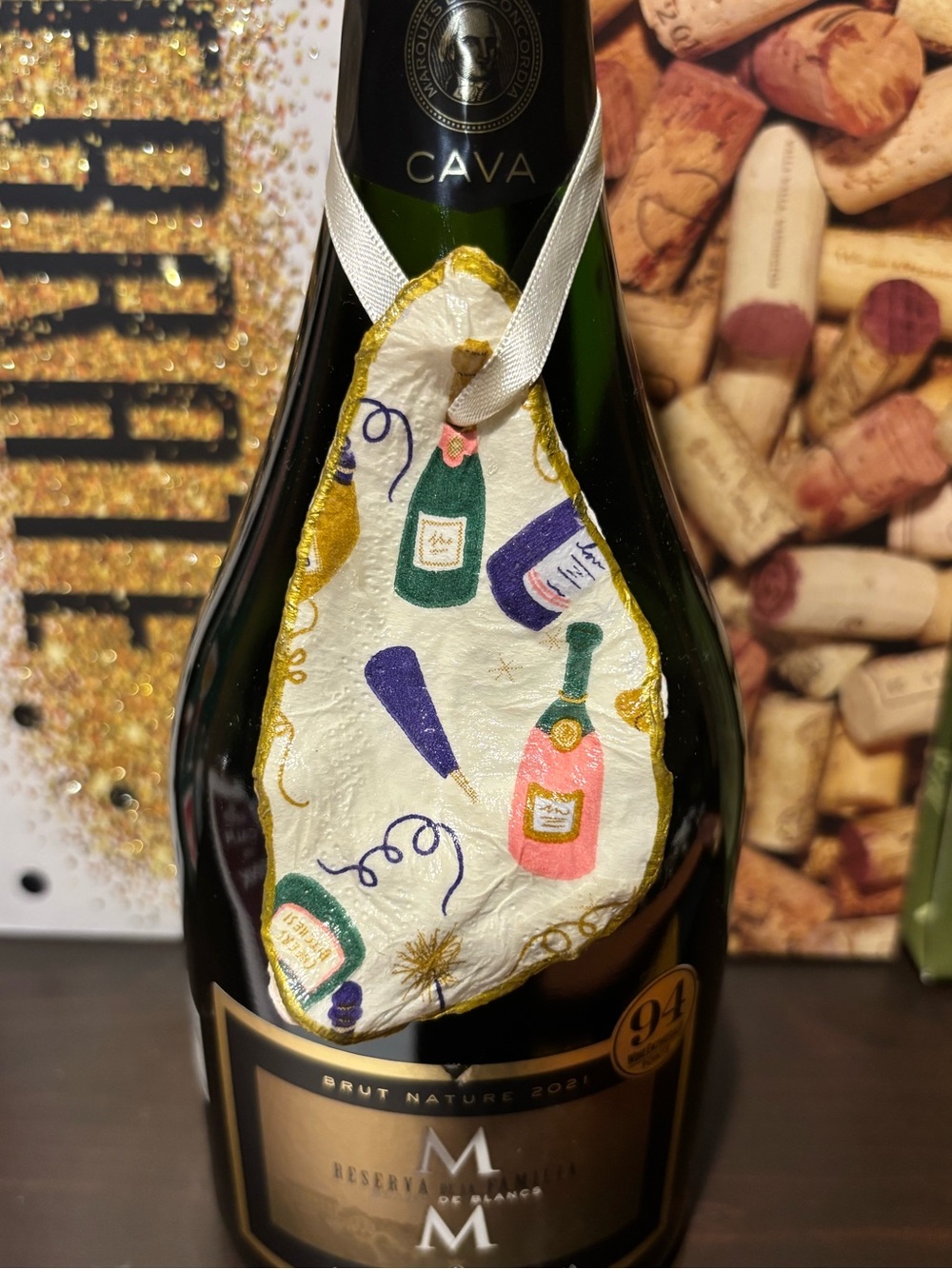 Handmade champagne decoupage shell ornament